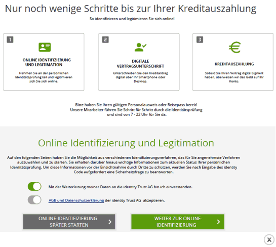 Screenshot: Wird der Kredit genehmigt, wird der weitere Ablauf angezeigt