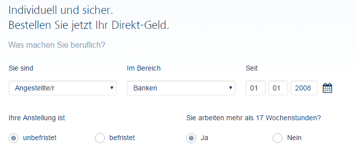 Screenshot: Fragen der Targobank zum Angestelltenverhältnis