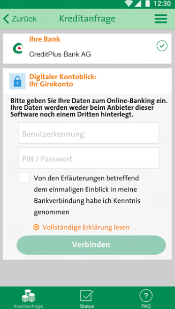 Für den digitalen Kontoblick müssen Zugangsdaten eingegeben werden