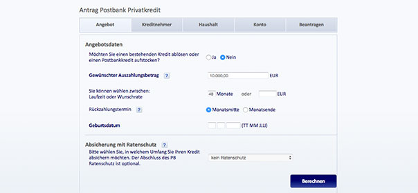 Erstes Blatt im Antragsformular der Postbank