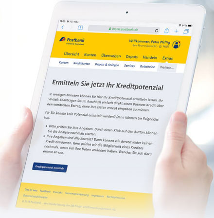 Neuer Postbank Service - Ermitteln Sie jetzt Ihr Kreditpotenzial. Bildquelle: Postbank Website